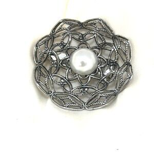 Vintage Silver Tone Filigree and Faux Pearl Brooch